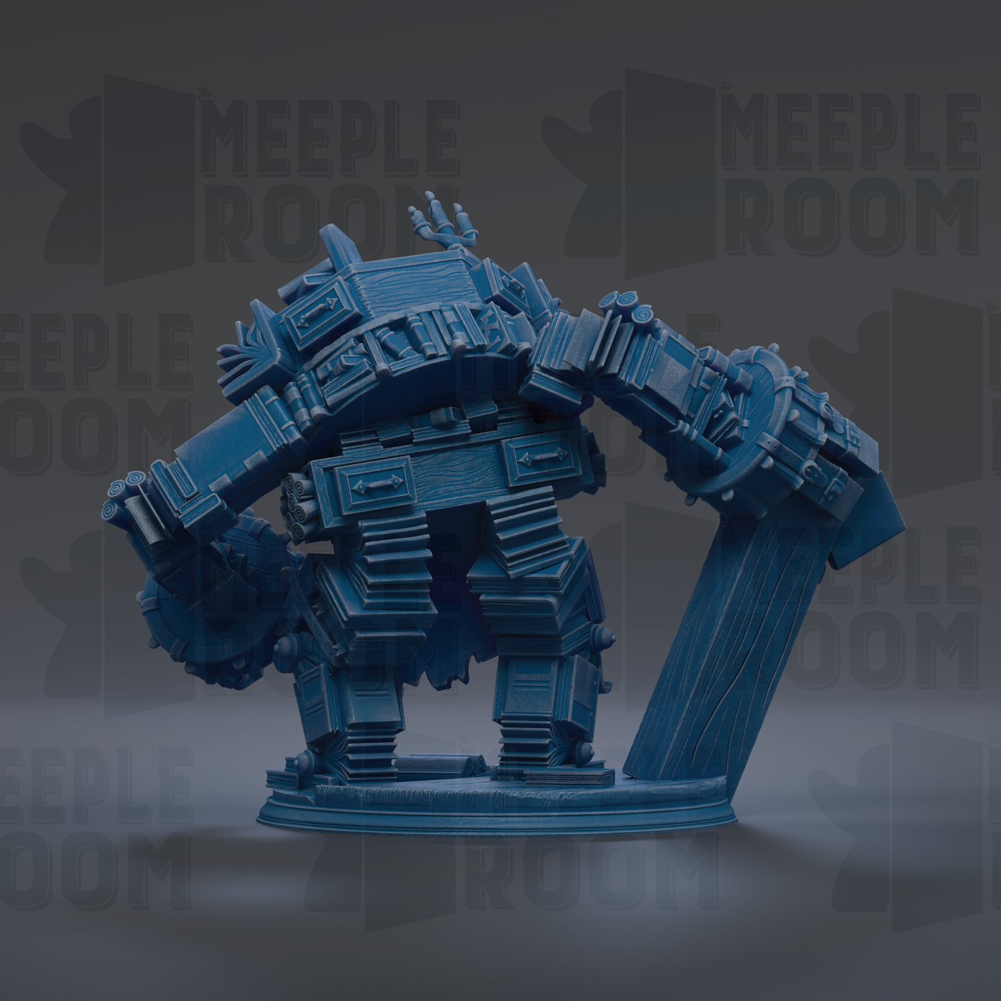 A blue, mechanical robot figurine with a complex, angular design stands prominently against a dark background.