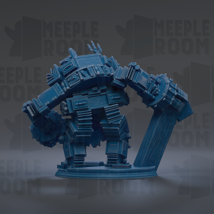 A blue, mechanical robot figurine with a complex, angular design stands prominently against a dark background.