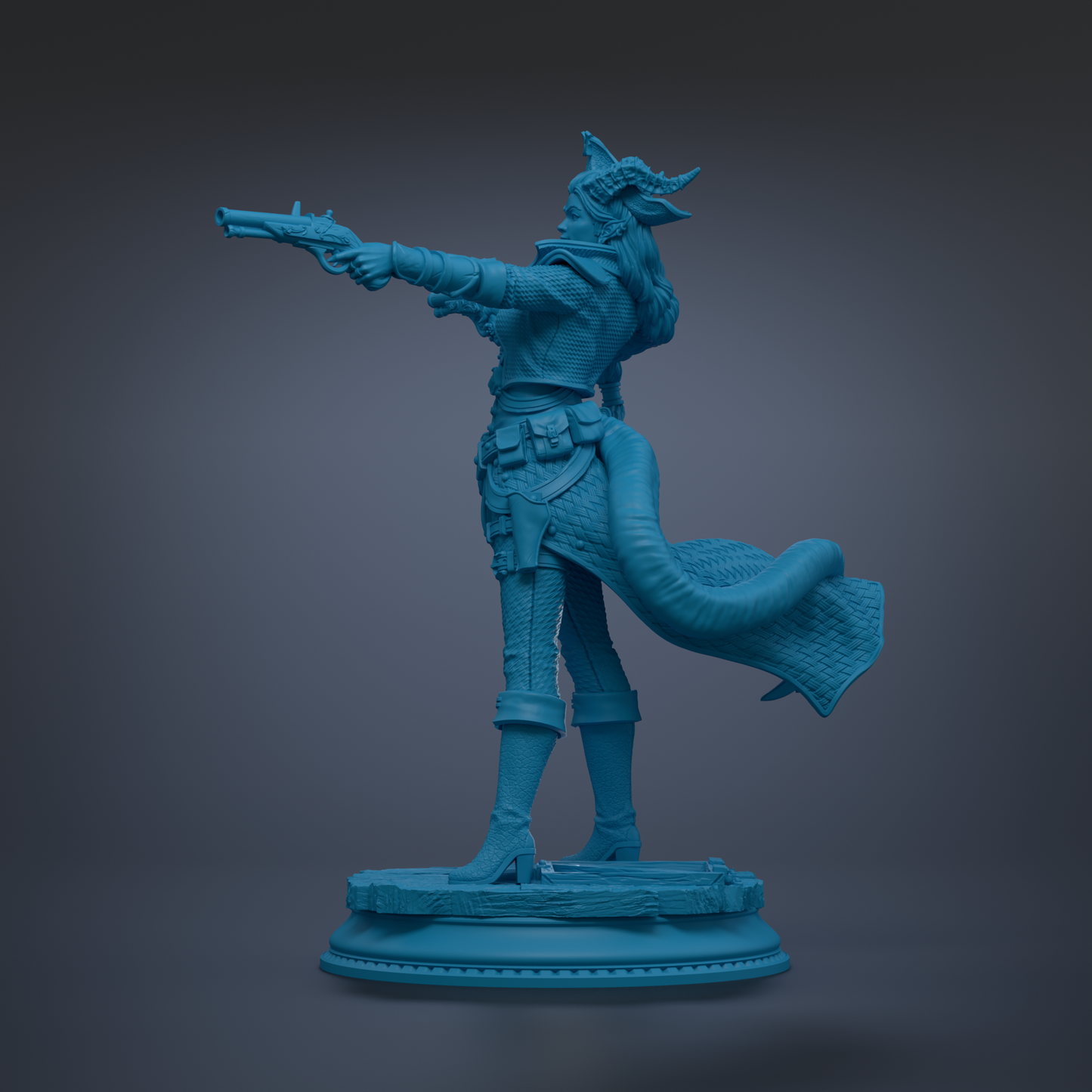 A blue statue of a woman holding a gun and wearing a flowing skirt.