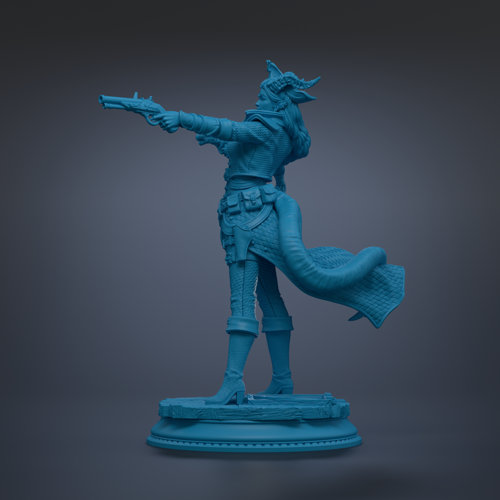 A blue statue of a woman holding a gun and wearing a flowing skirt.