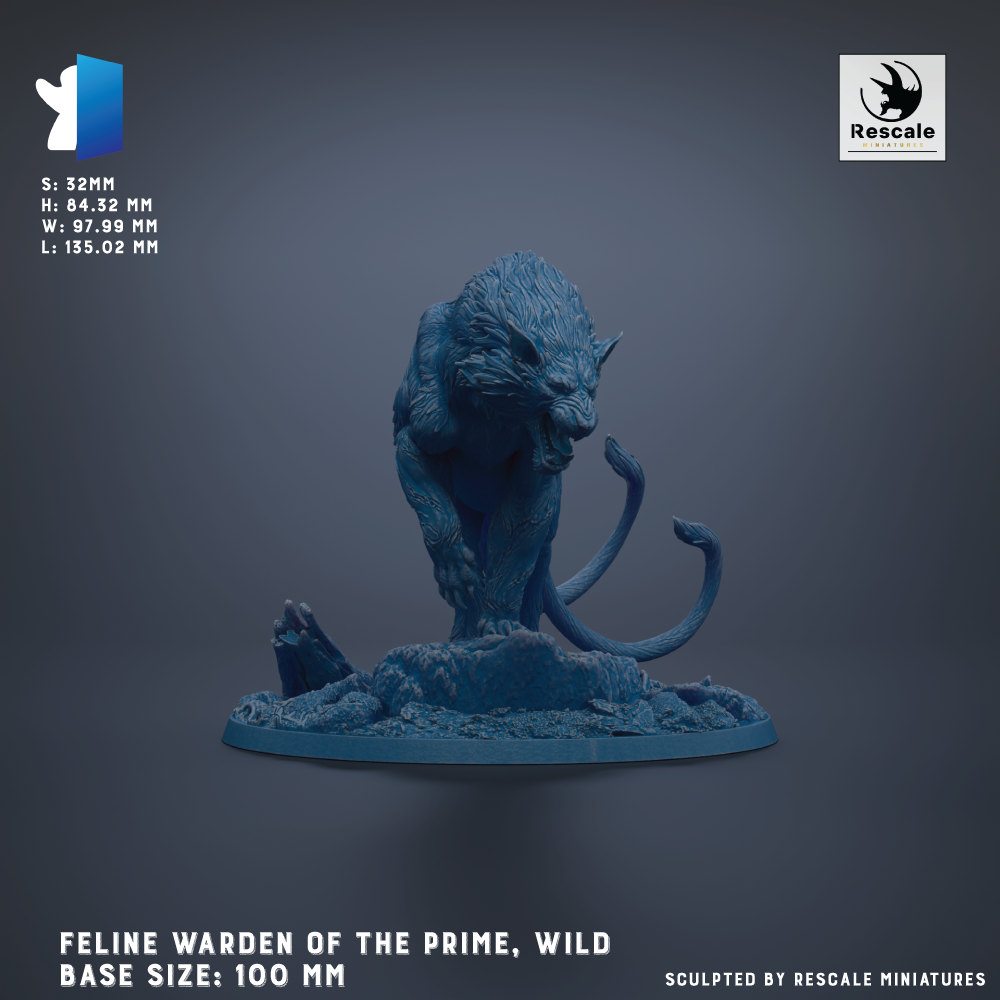 A blue figurine of a wild cat, likely a feline guardian of the prime, is shown against a dark background.