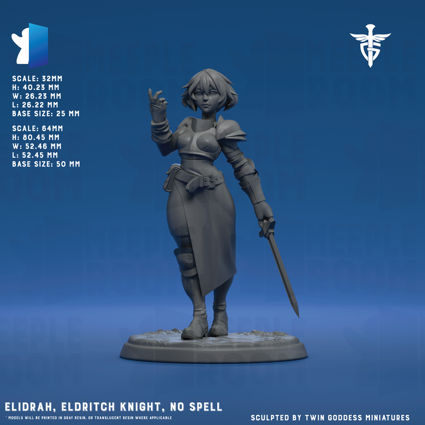 Elidrah, Eldritch Knight by Twin Goddess Miniatures | Miniature | TTRPG | Unpainted | Print on Demand