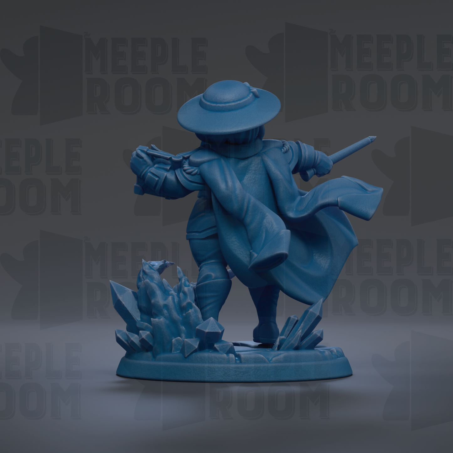 A blue figurine of a person with a hat and cape, holding a sword, standing on a base with crystals and rocks.