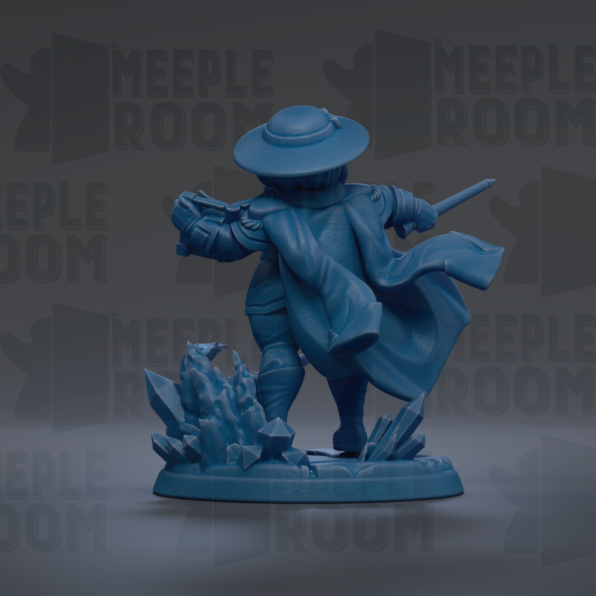 A blue figurine of a person with a hat and cape, holding a sword, standing on a base with crystals and rocks.