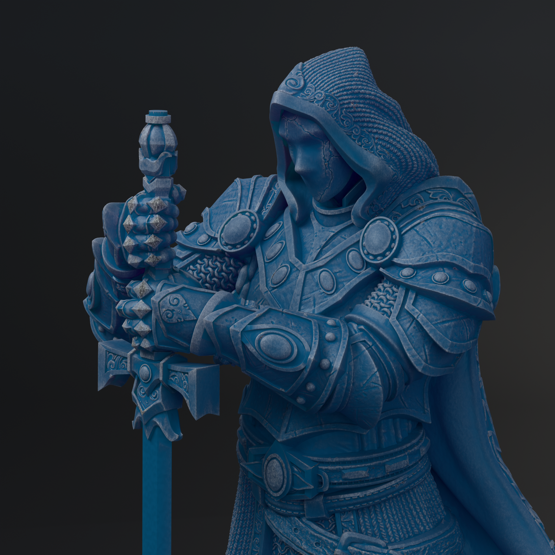 A detailed 3D rendering of a knight in shining armor, holding a sword and wearing a hooded cloak.