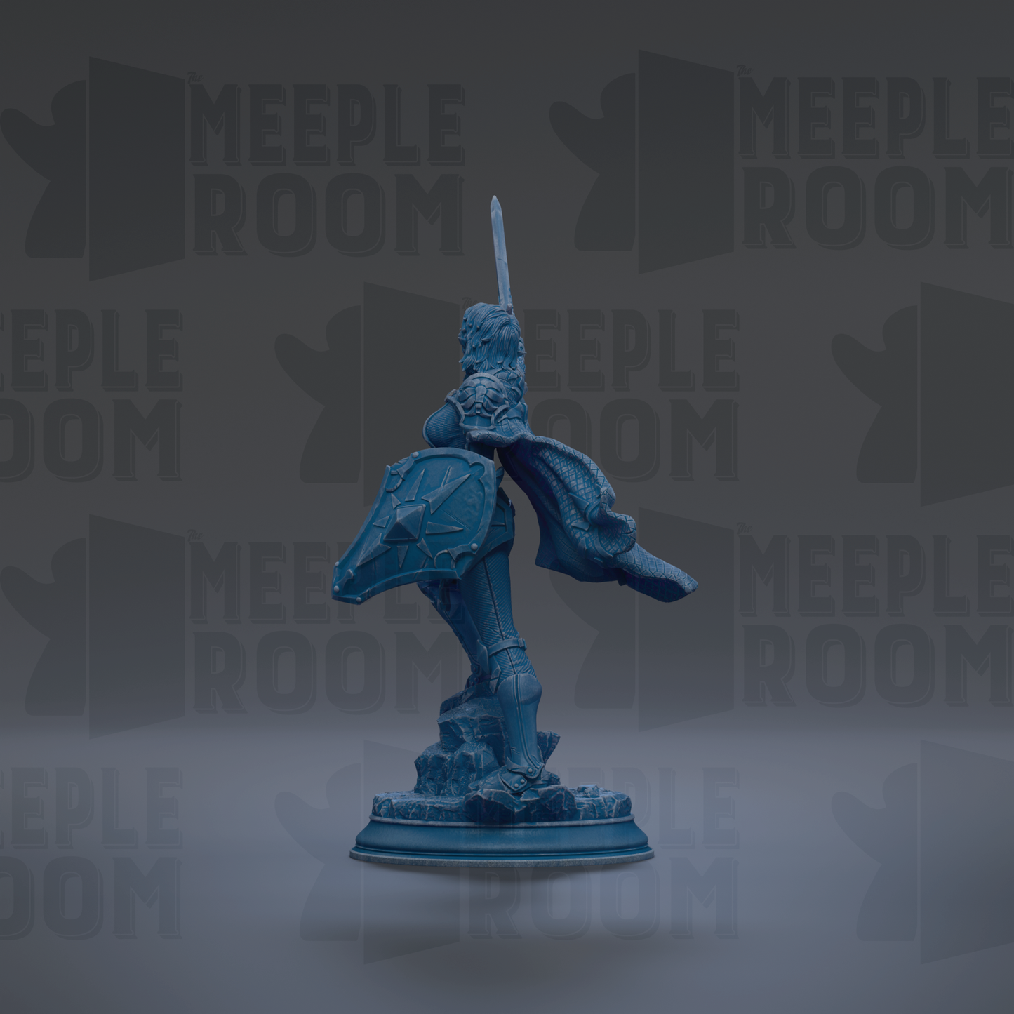 A blue statue of a person holding a shield and sword stands on a pedestal against a dark background with repeated "MEIPLLE ROOM" text.