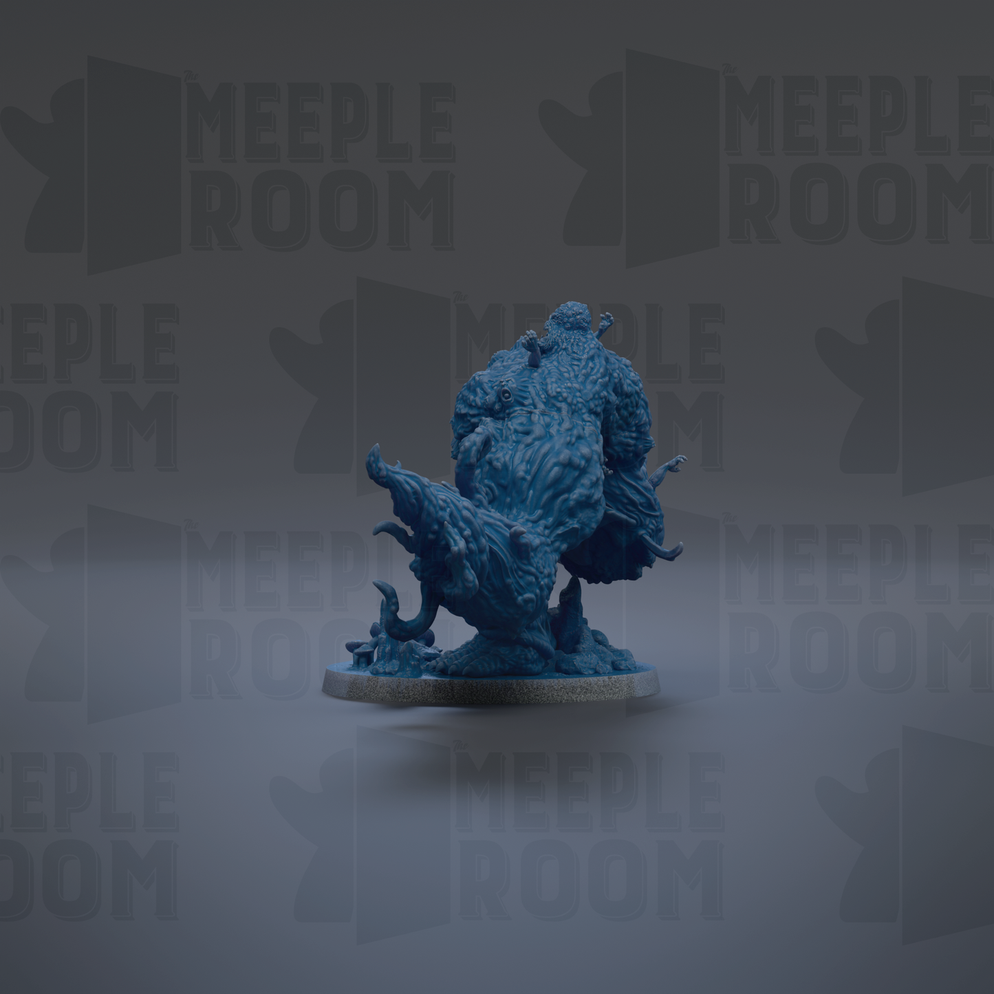 A blue figurine of a creature with a long neck and tail is shown against a dark background with repeated text.