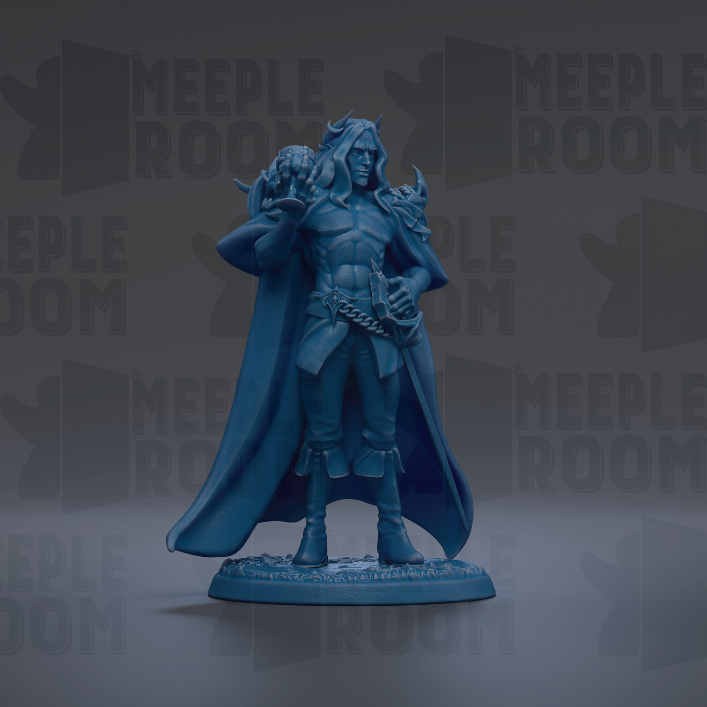 A blue figurine of a muscular, armored figure with horns and a cape, standing on a base and holding a weapon.