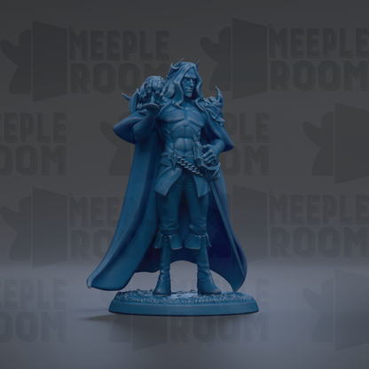 A blue figurine of a muscular, armored figure with horns and a cape, standing on a base and holding a weapon.