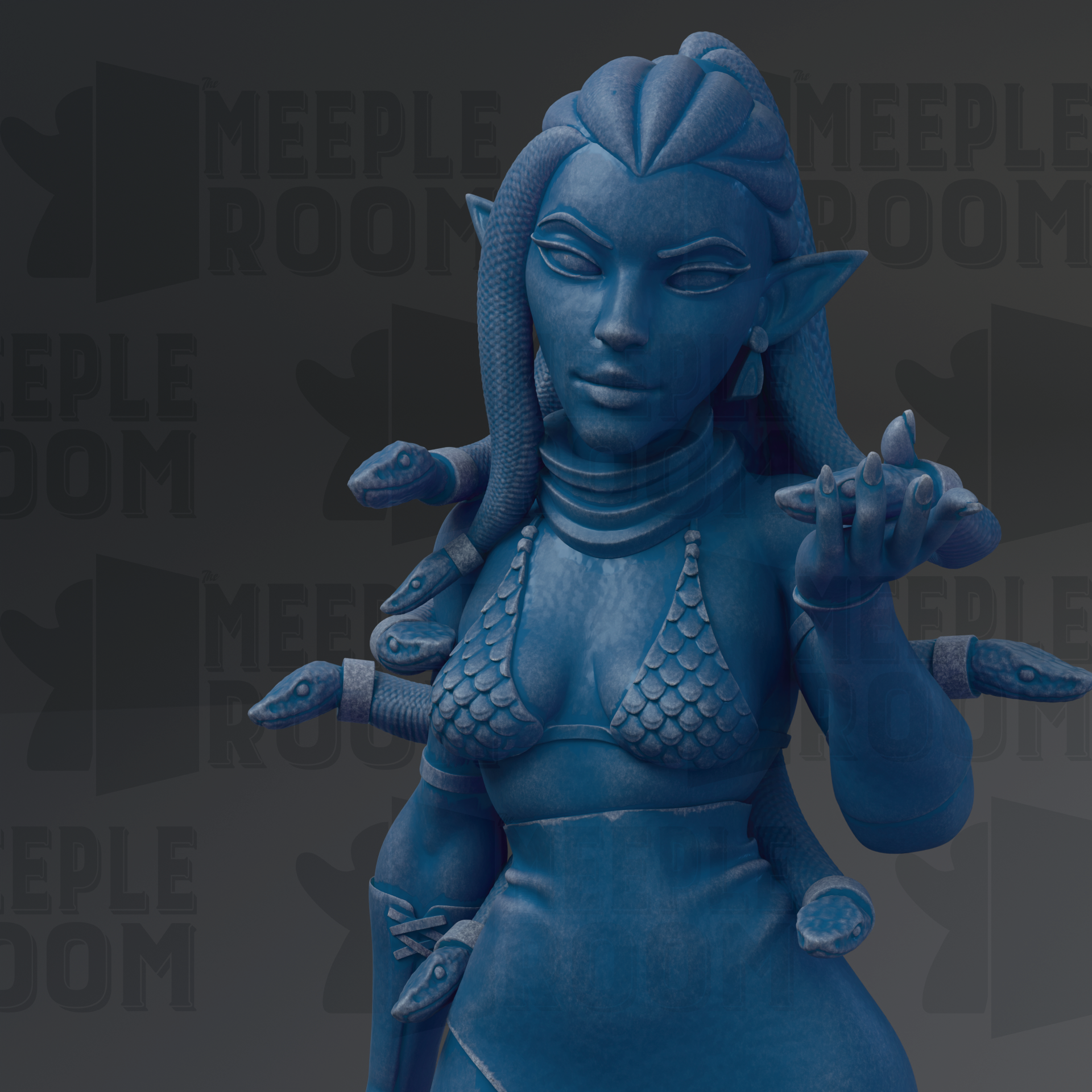 A blue statue of a woman with snakes wrapped around her body, wearing a bra-like top.