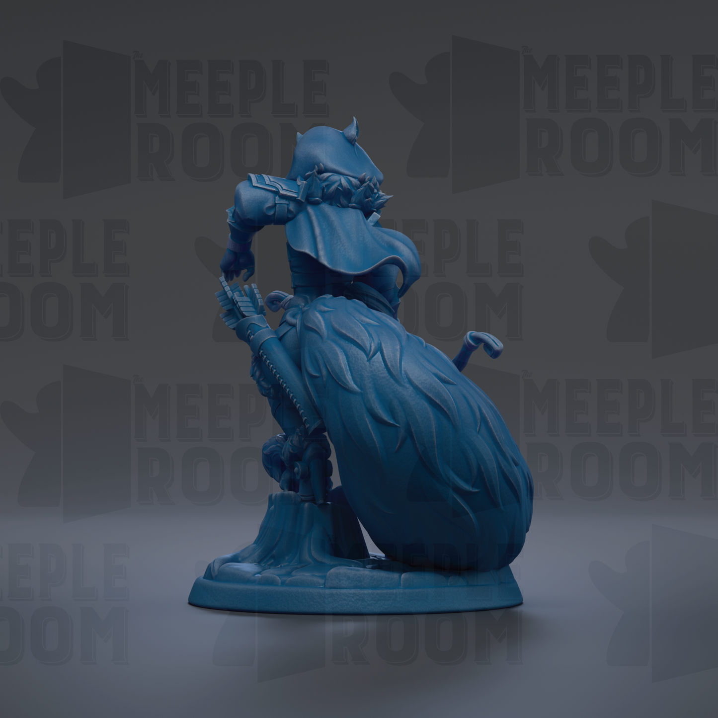 A blue figurine of a warrior standing on a pedestal, with the text "MEUPLE ROOM" repeated in the background.