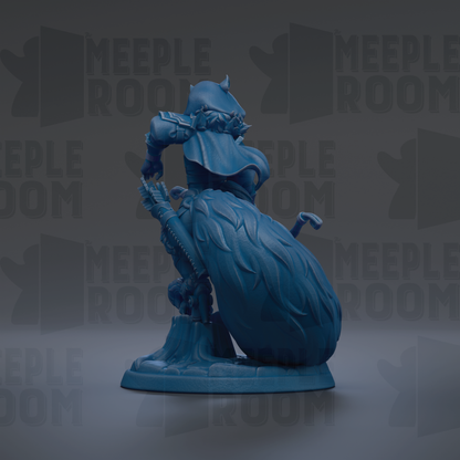 A blue figurine of a warrior standing on a pedestal, with the text "MEUPLE ROOM" repeated in the background.