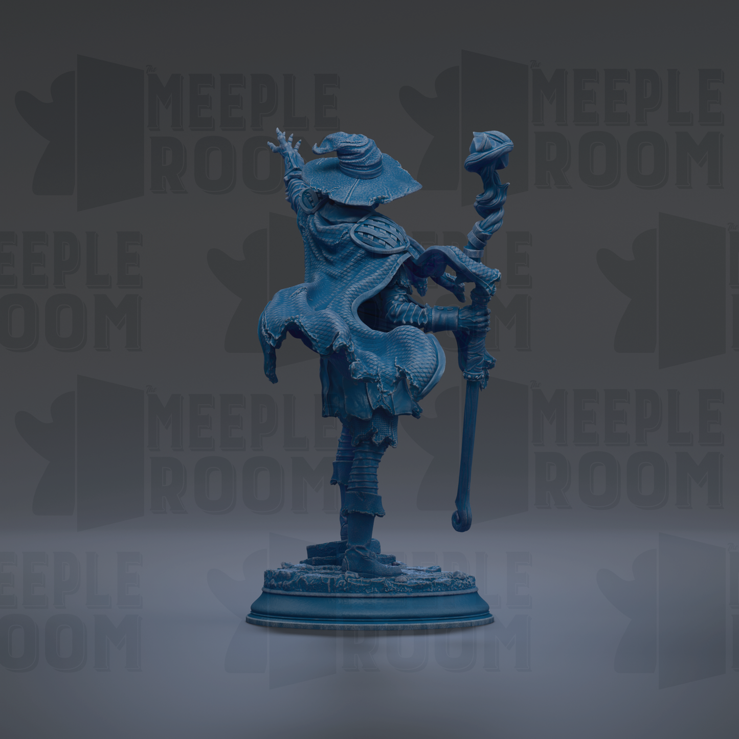 A blue statue of a wizard or magical figure holding a staff and a staff-like object, standing on a pedestal against a dark background with repeated text.
