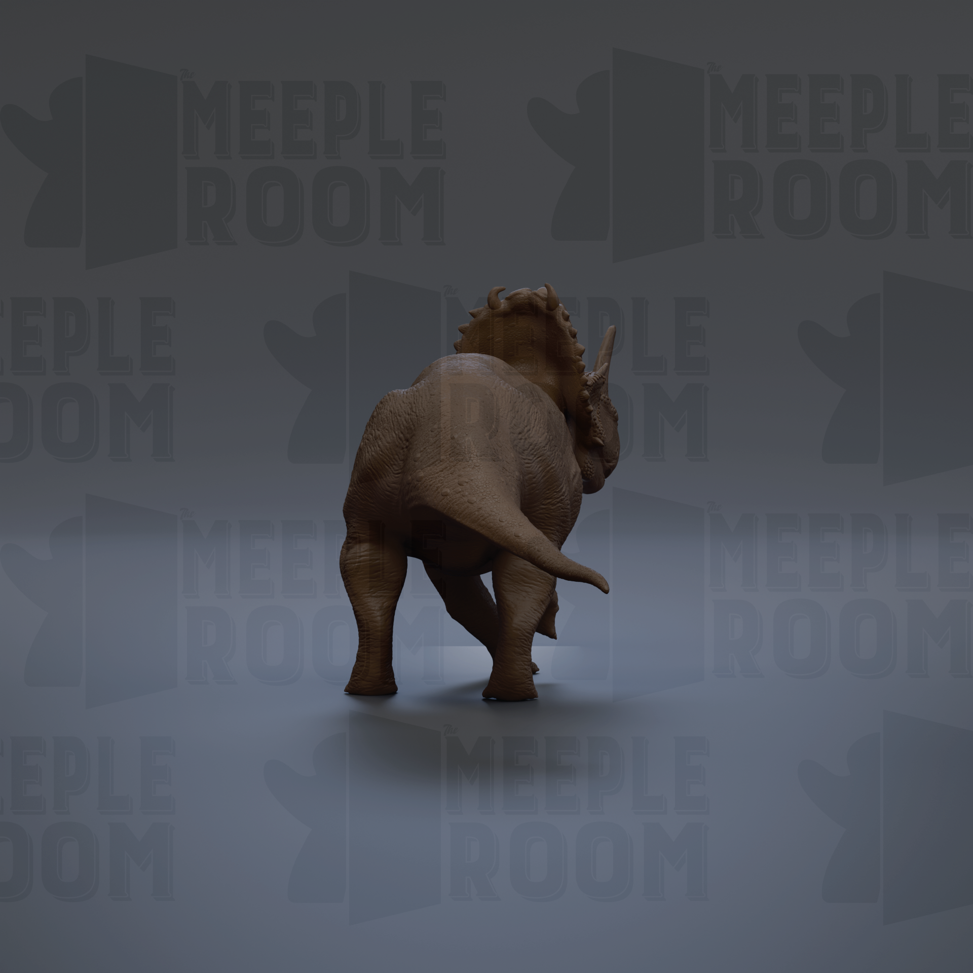 A 3D rendering of a Triceratops dinosaur, with the text "MEUPLE ROOM" repeated in the background.