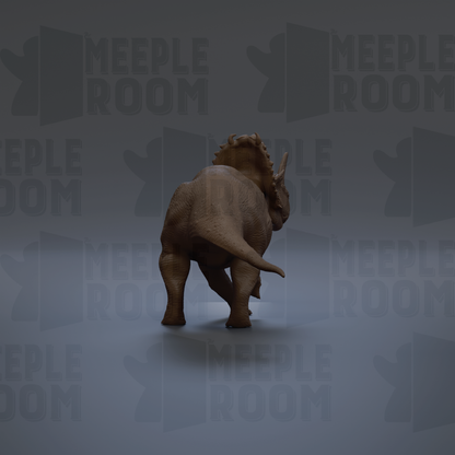 A 3D rendering of a Triceratops dinosaur, with the text "MEUPLE ROOM" repeated in the background.