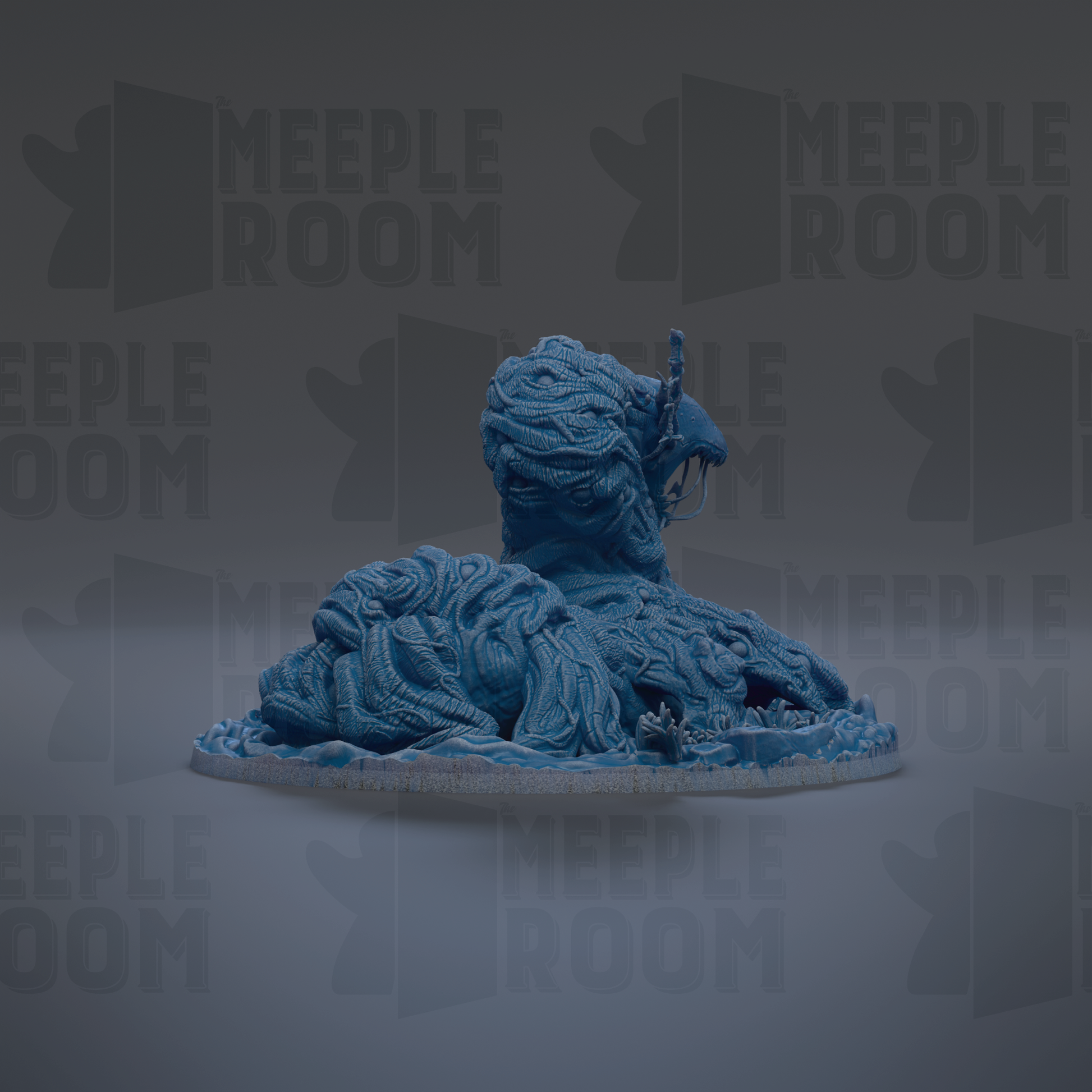A 3D rendering of a blue, organic-looking creature resembling a dragon or serpent, sitting on a platform.