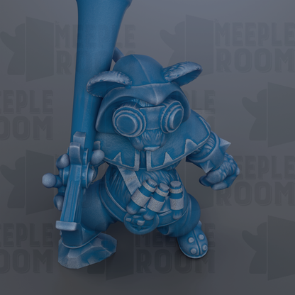 A blue, cartoonish figurine with large eyes and a pointed hat, holding a gun and standing on a platform.