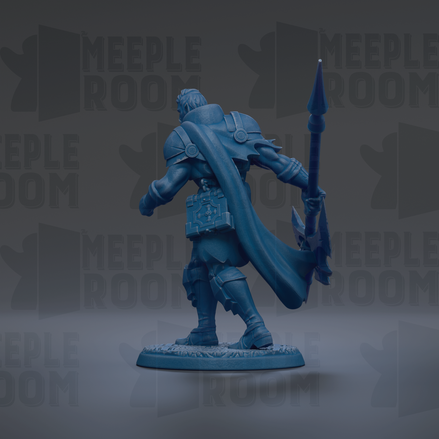 A blue figurine of a warrior standing in a fighting stance, holding a spear and a shield, against a dark background with repeated text.