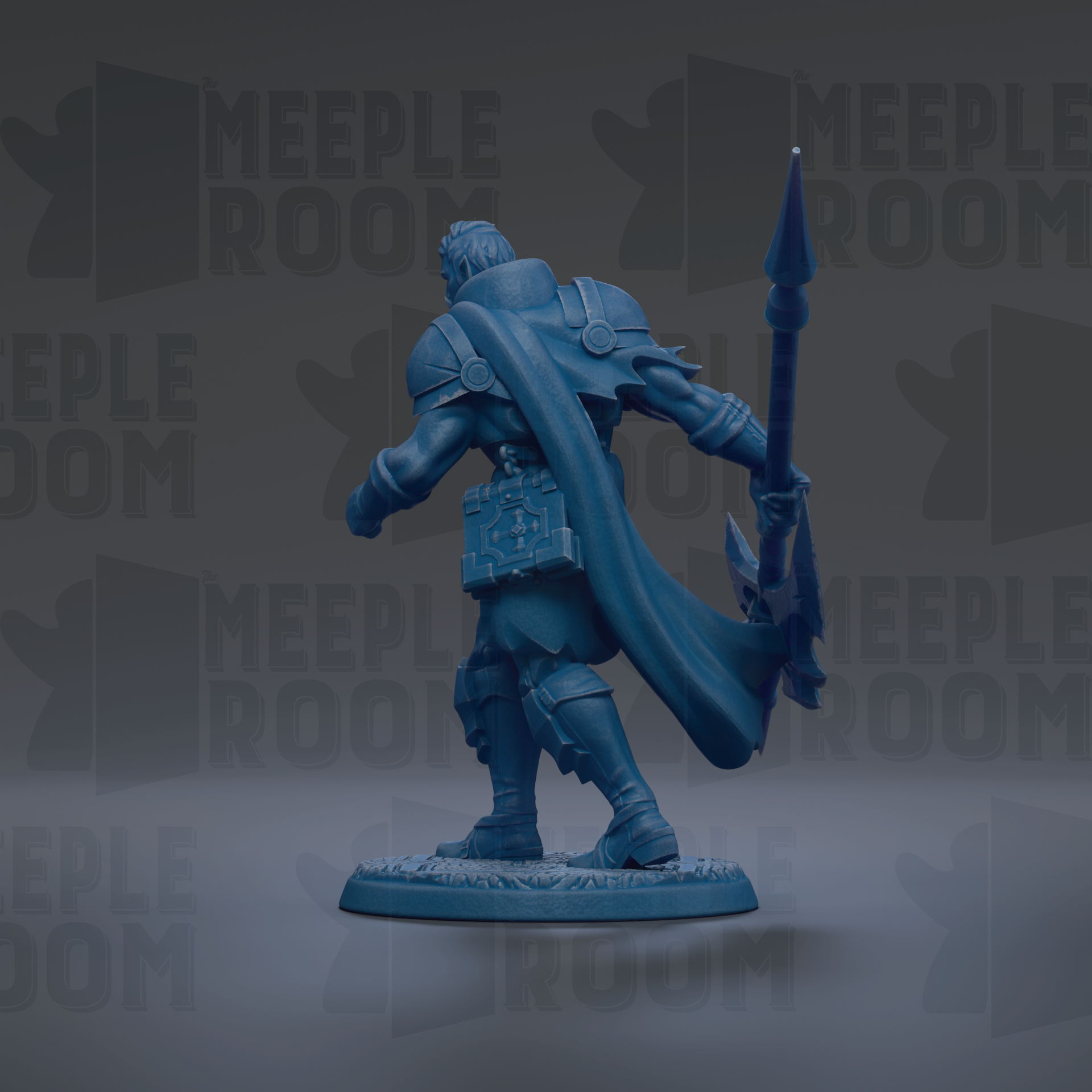A blue figurine of a warrior standing in a fighting stance, holding a spear and a shield, against a dark background with repeated text.
