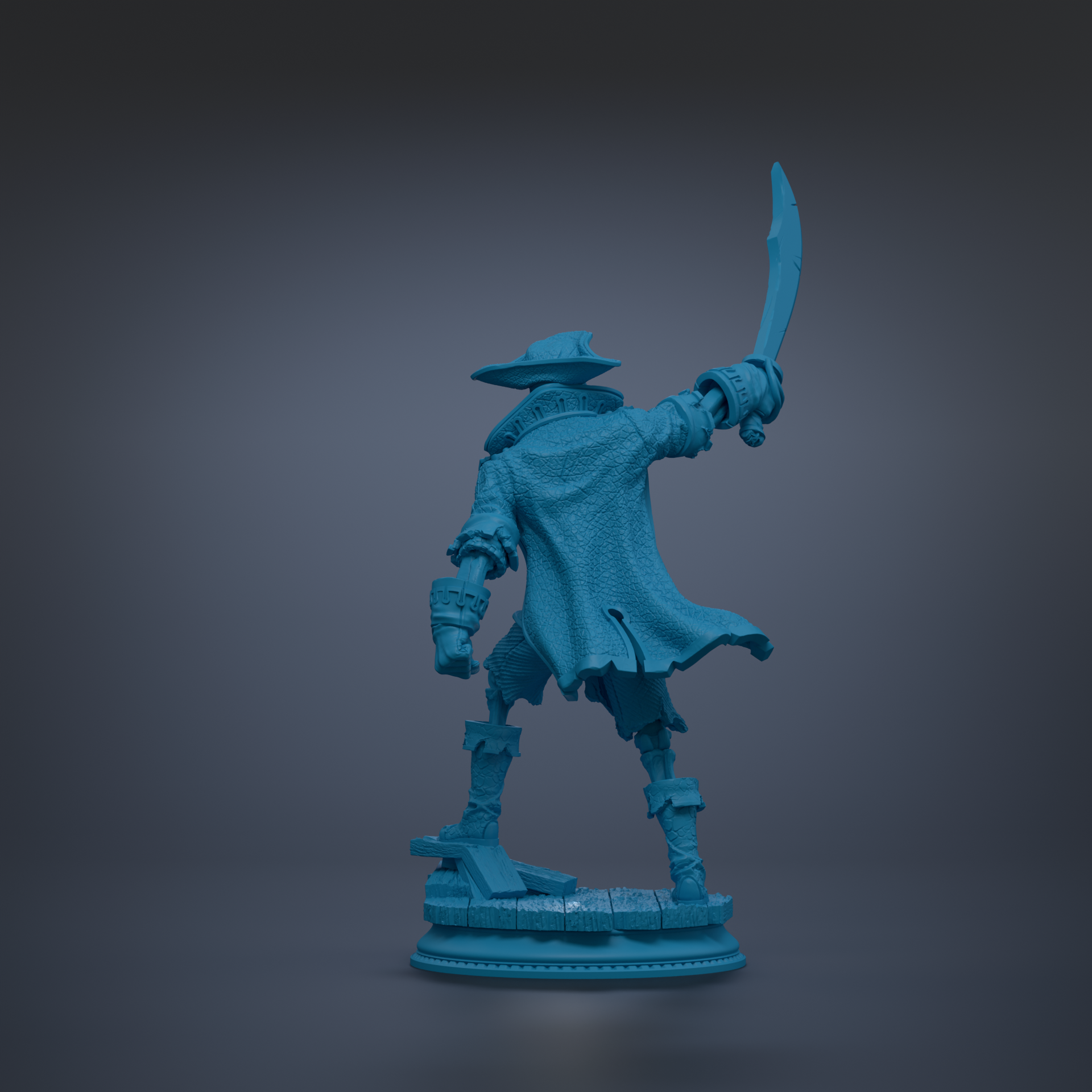 A blue 3D model of a pirate figure holding a sword and standing on a pedestal.