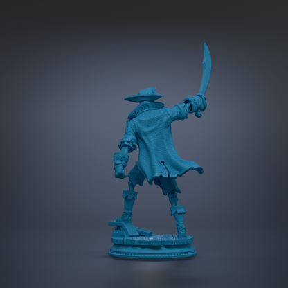 A blue 3D model of a pirate figure holding a sword and standing on a pedestal.