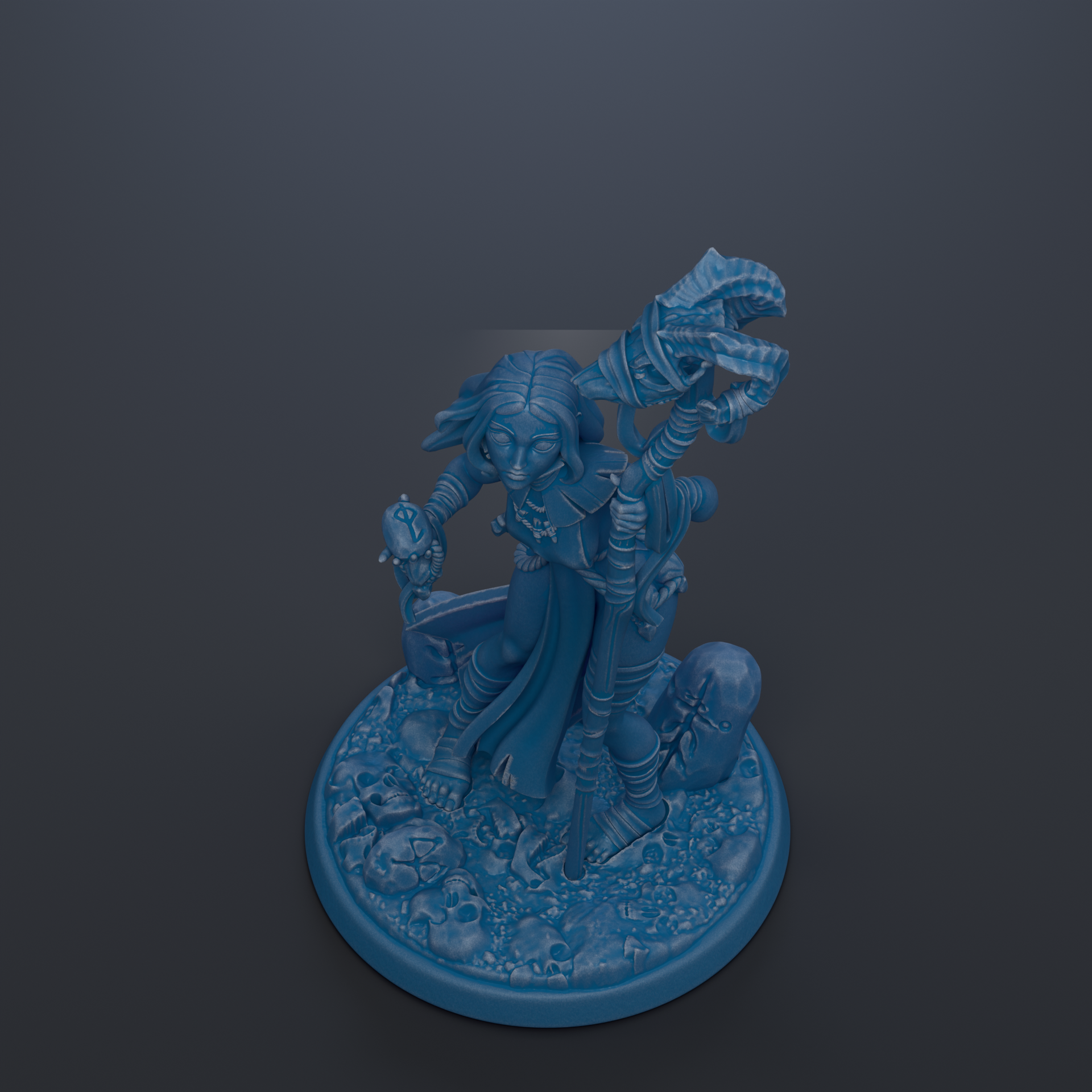 A blue figurine of a character with a snake-like creature on its back, standing on a base with a skull-like design.