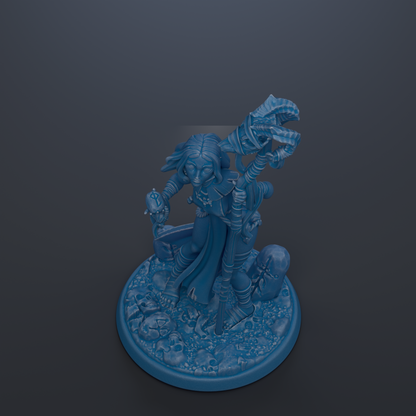 A blue figurine of a character with a snake-like creature on its back, standing on a base with a skull-like design.
