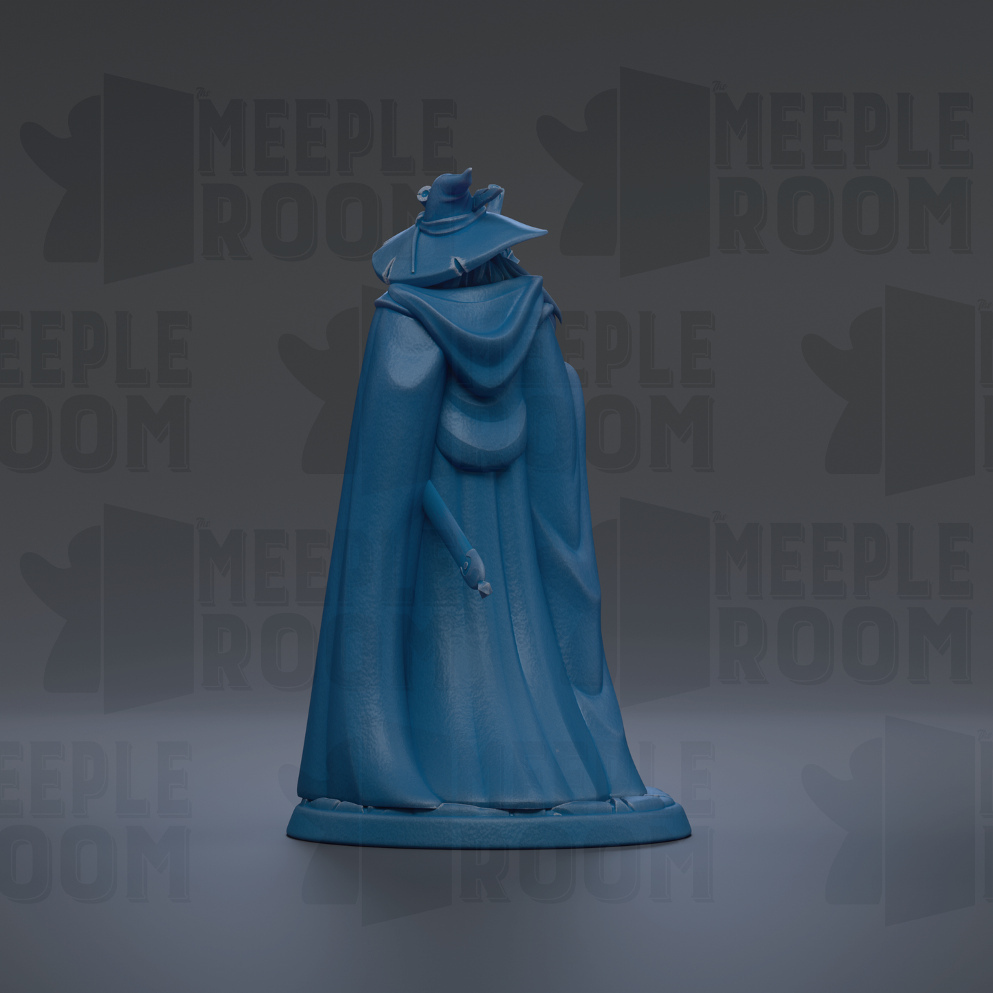 A blue figurine of a person wearing a long robe and hat, standing on a gray surface against a dark background with repeated text.
