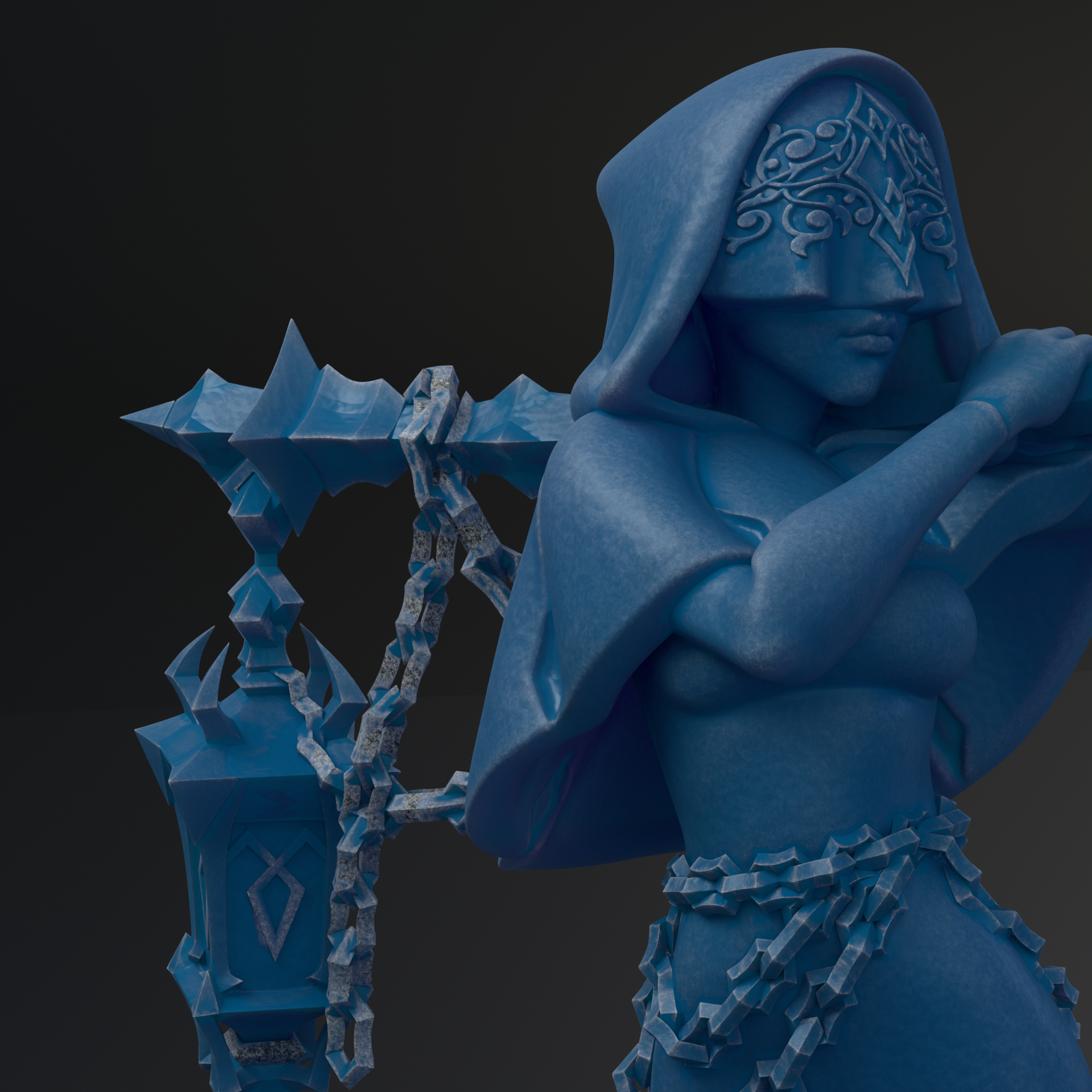 A blue statue of a woman with a hooded cloak and intricate designs on her face, holding a chain and a lantern.