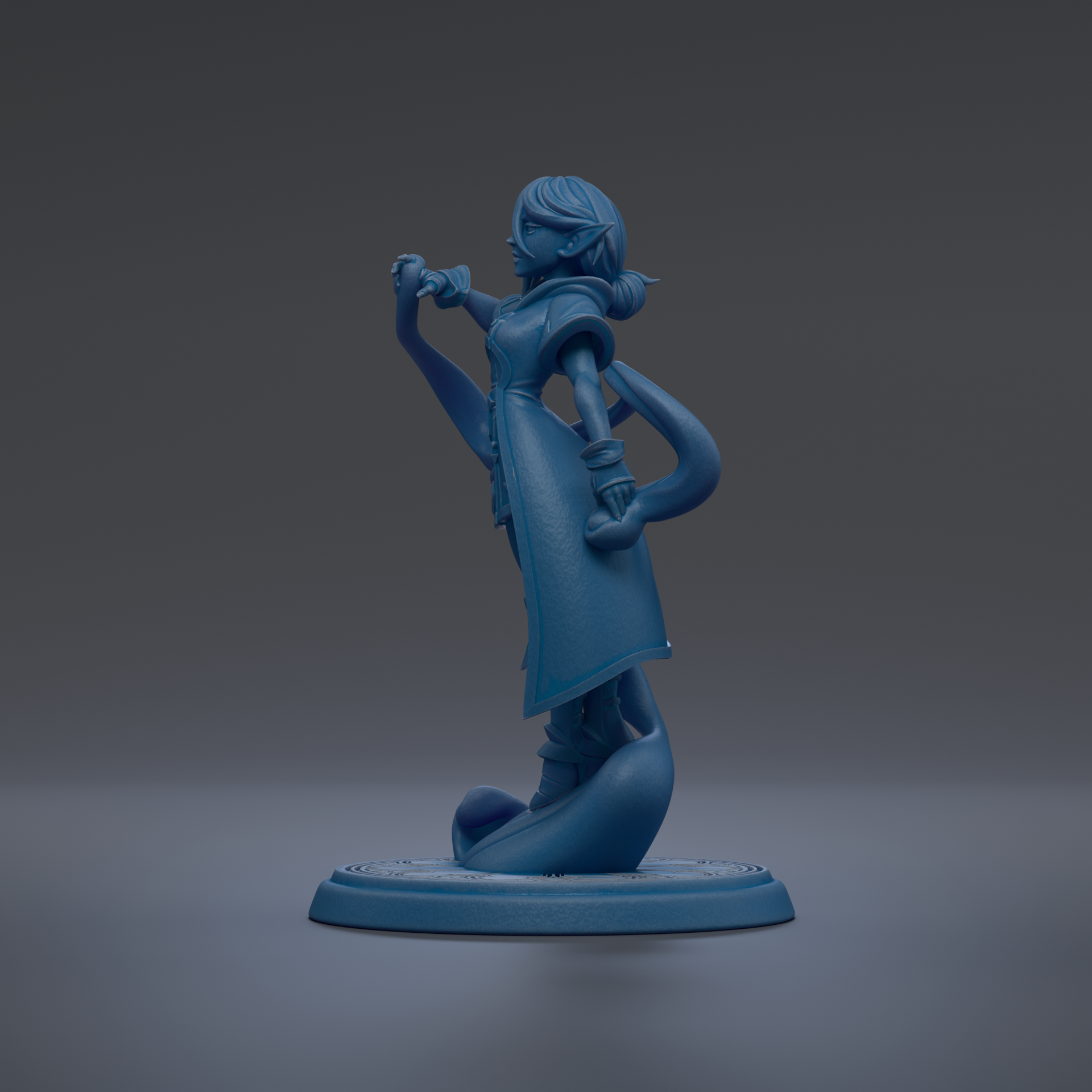 A blue figurine of a woman with a pensive expression, standing on a blue base.