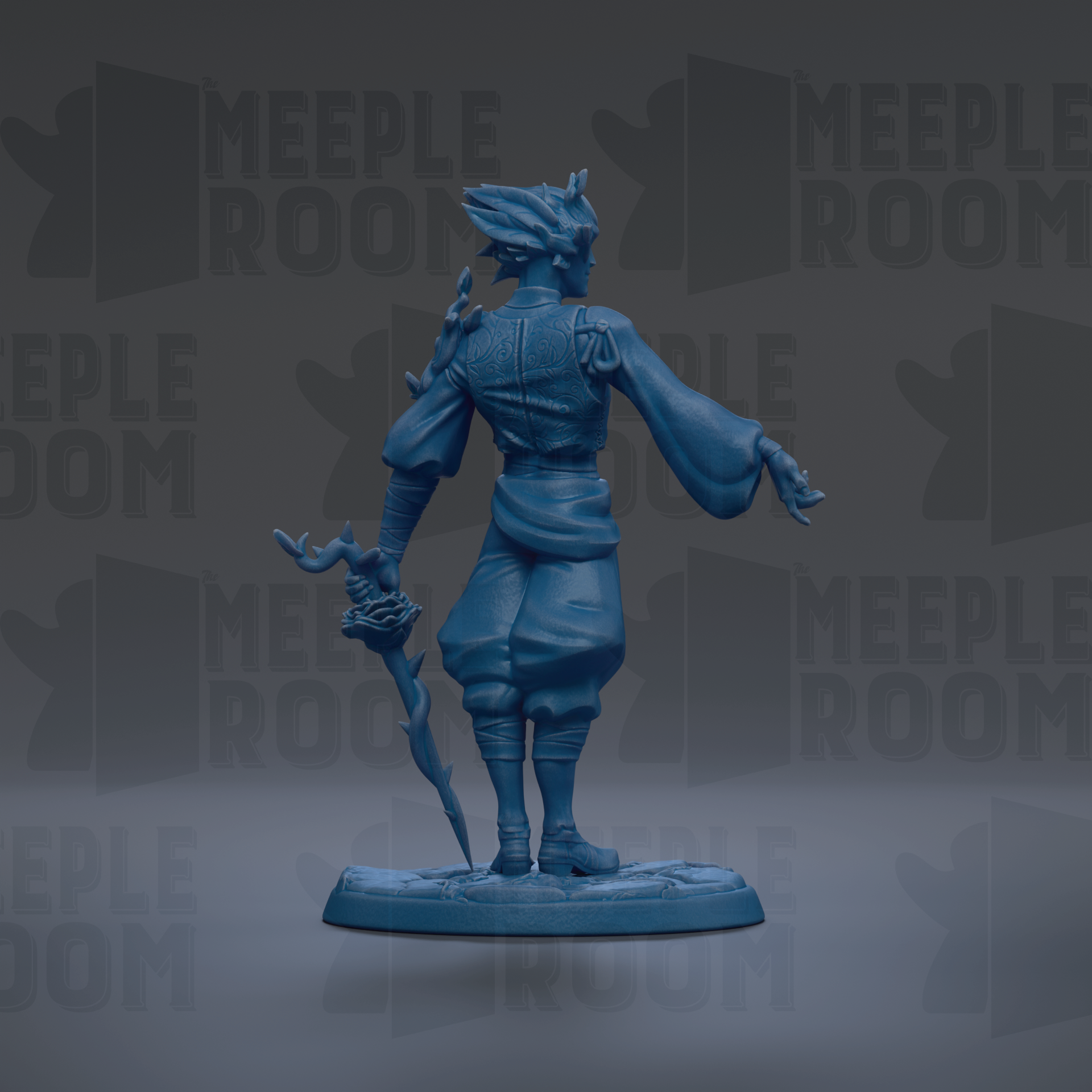 A blue figurine of a person standing with a staff and a staff-like object in their hand, against a dark background with repeated text.