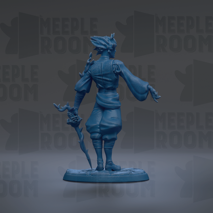 A blue figurine of a person standing with a staff and a staff-like object in their hand, against a dark background with repeated text.