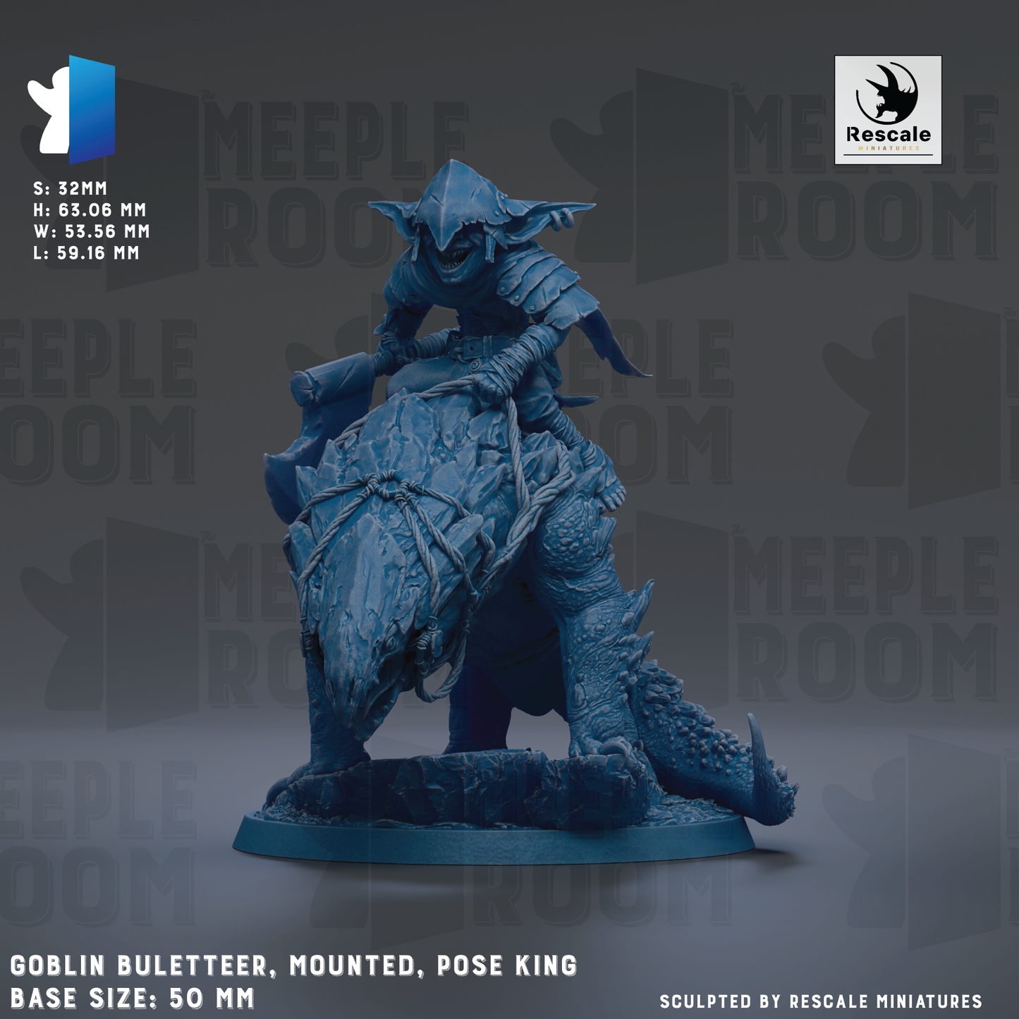 a detailed miniature of a blue armored figure riding a large, imposing creature, likely a dragon or similar mythical creature. The figure is mounted on a large, imposing base, and the creature is described as a "Goblin Bulletteer, Mounted, Pose King". The base sizes are 50mm, 62.06mm, and 51.16mm. The image is a collage of multiple images, and the phrase "The image depicts" is not included.