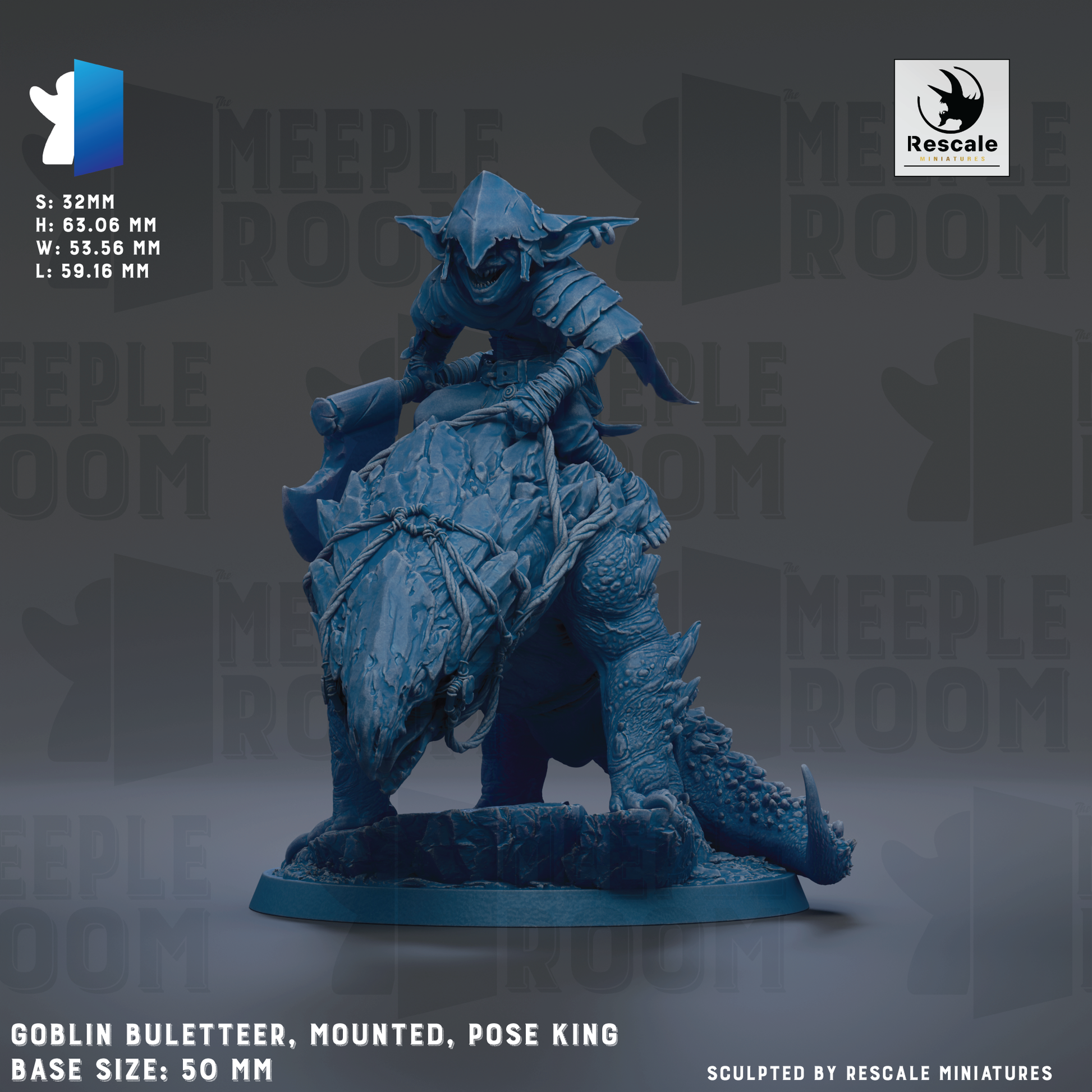a detailed miniature of a blue armored figure riding a large, imposing creature, likely a dragon or similar mythical creature. The figure is mounted on a large, imposing base, and the creature is described as a "Goblin Bulletteer, Mounted, Pose King". The base sizes are 50mm, 62.06mm, and 51.16mm. The image is a collage of multiple images, and the phrase "The image depicts" is not included.