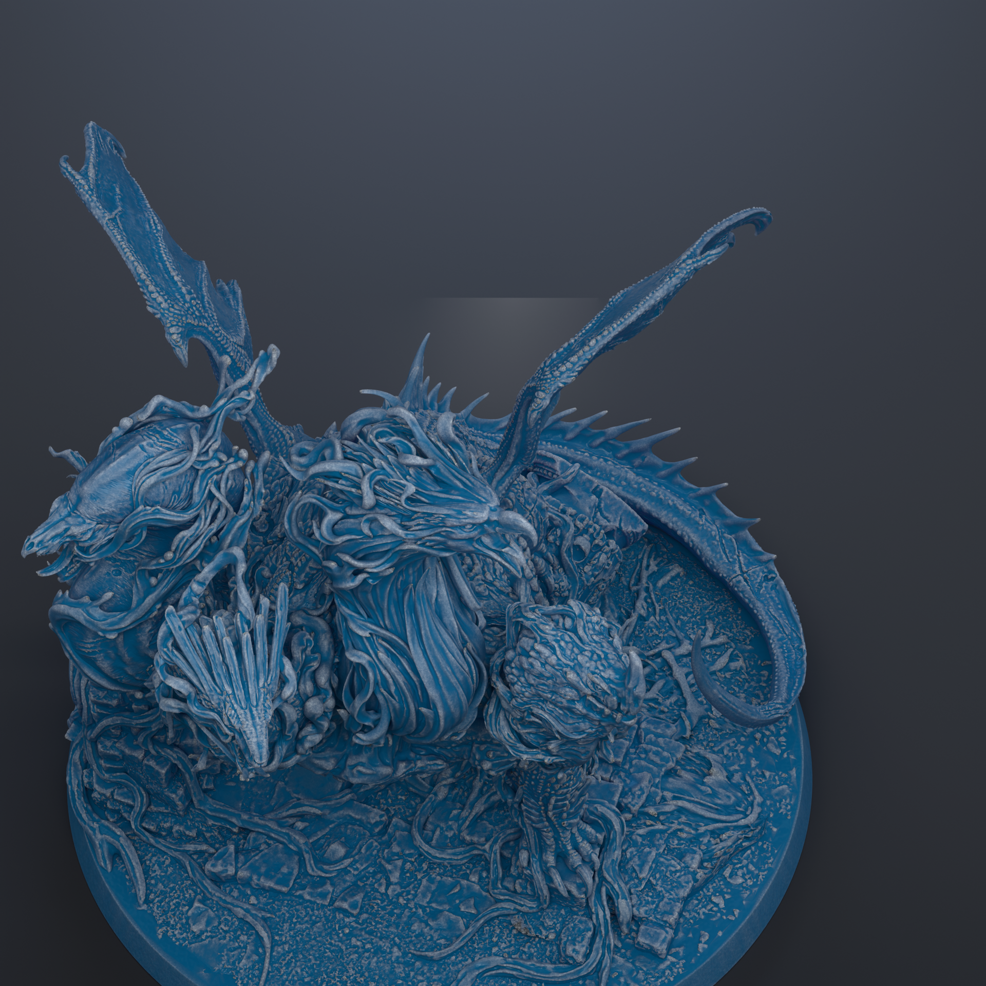 A detailed 3D rendering of a fantastical creature, possibly a dragon or serpent, with intricate textures and patterns. The creature appears to be made of a material that resembles metal or stone, giving it a metallic or stone-like appearance. The creature is situated on a circular base, which further emphasizes its central position in the image. The image does not contain any text or other discernible objects, and the creature is the sole focus of the image.