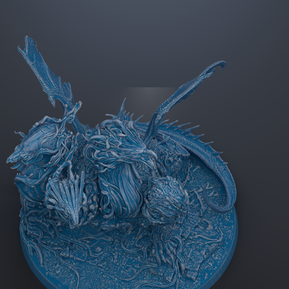 A detailed 3D rendering of a fantastical creature, possibly a dragon or serpent, with intricate textures and patterns. The creature appears to be made of a material that resembles metal or stone, giving it a metallic or stone-like appearance. The creature is situated on a circular base, which further emphasizes its central position in the image. The image does not contain any text or other discernible objects, and the creature is the sole focus of the image.