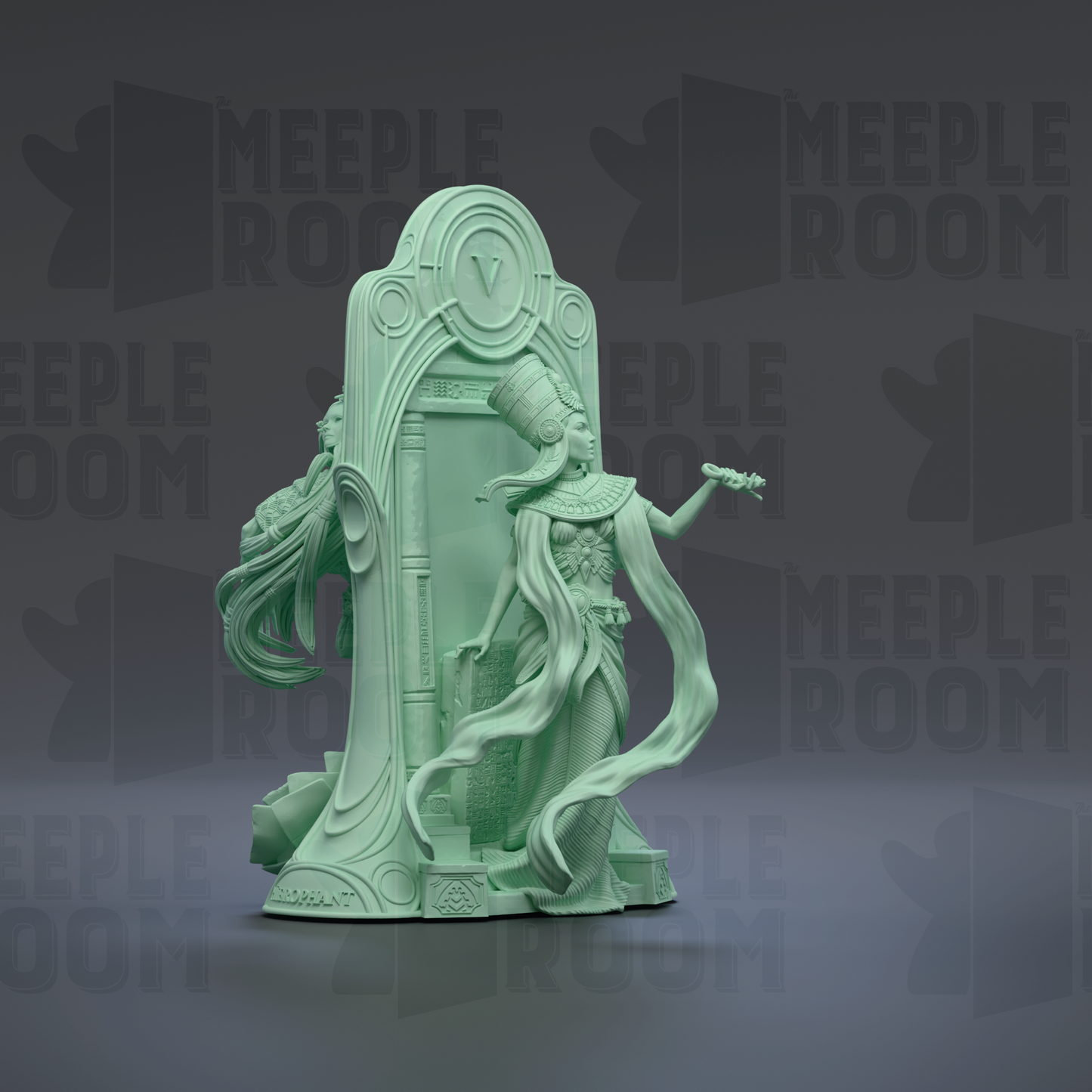 A green statue of a figure with flowing robes and a headdress stands in front of a doorway with a circular arch, against a dark background with repeated text.