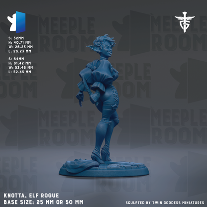 The image is a figurine of an elf-like character, knotted and posed on a base. The figurine is described as a base size of 25mm or 50mm. The background of the image is a dark gray color, and the text "MEIPLE ROOM" is visible, suggesting the figurine is part of a larger collection or series.