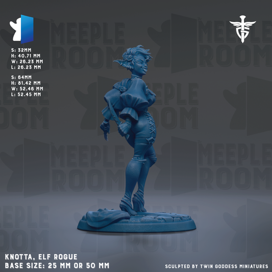 The image is a figurine of an elf-like character, knotted and posed on a base. The figurine is described as a base size of 25mm or 50mm. The background of the image is a dark gray color, and the text "MEIPLE ROOM" is visible, suggesting the figurine is part of a larger collection or series.