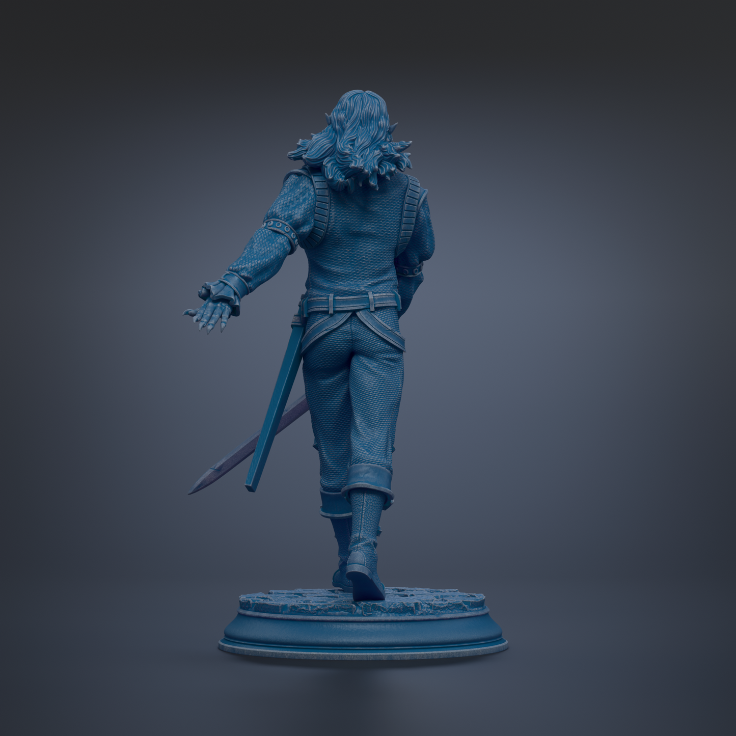 A 3D rendering of a figure holding a sword, standing on a pedestal.