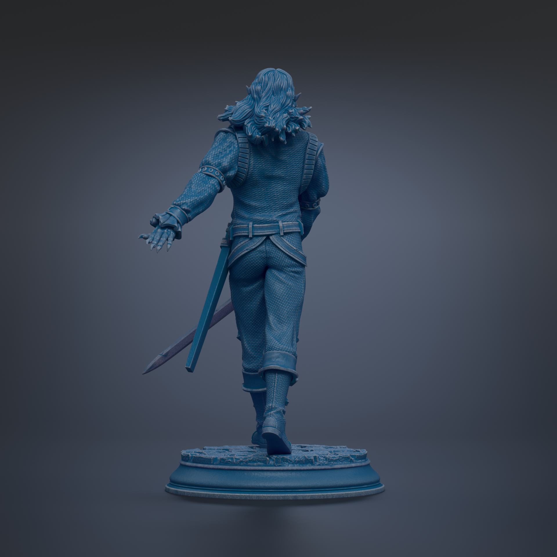 A 3D rendering of a figure holding a sword, standing on a pedestal.