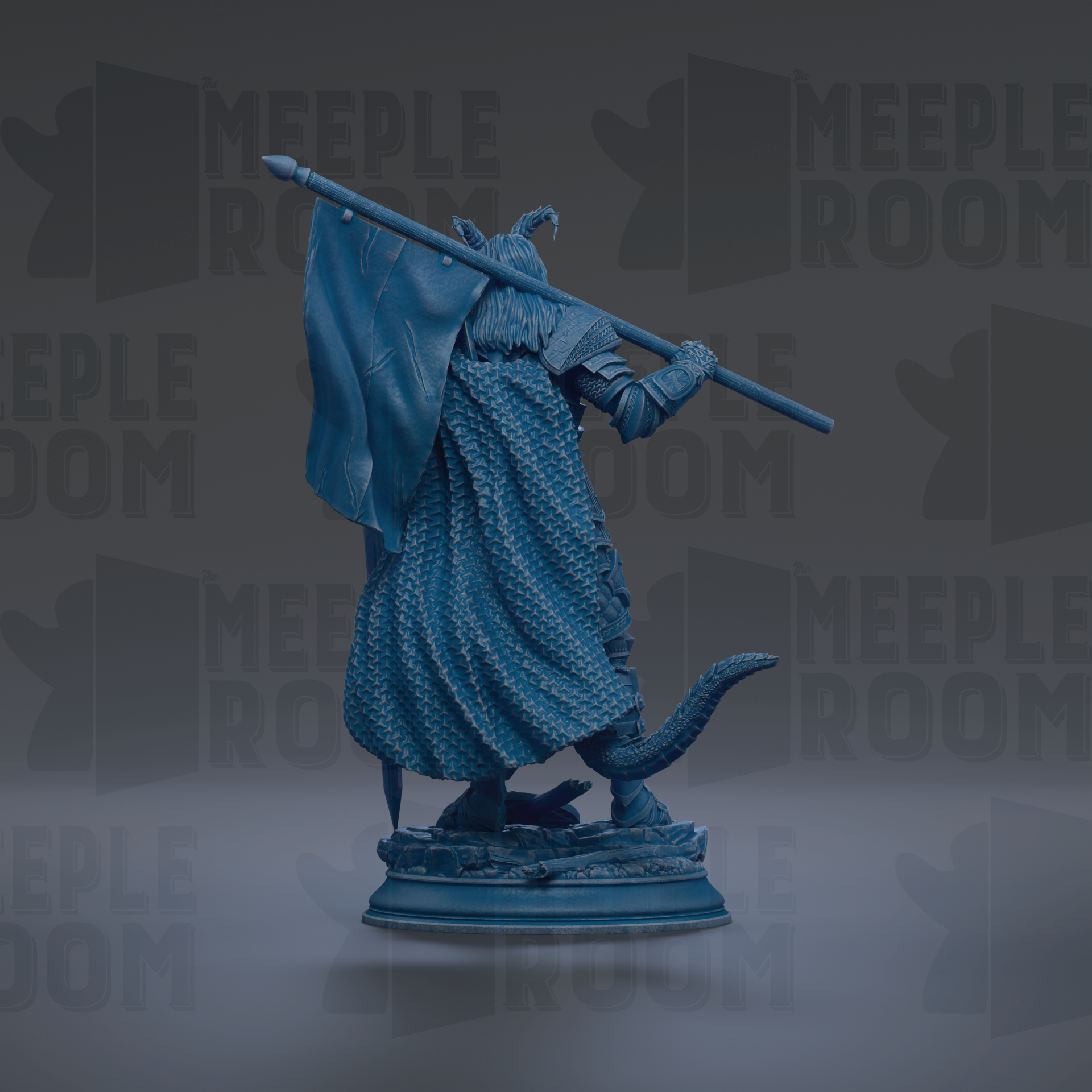 A blue statue of a person holding a long stick, standing on a pedestal.