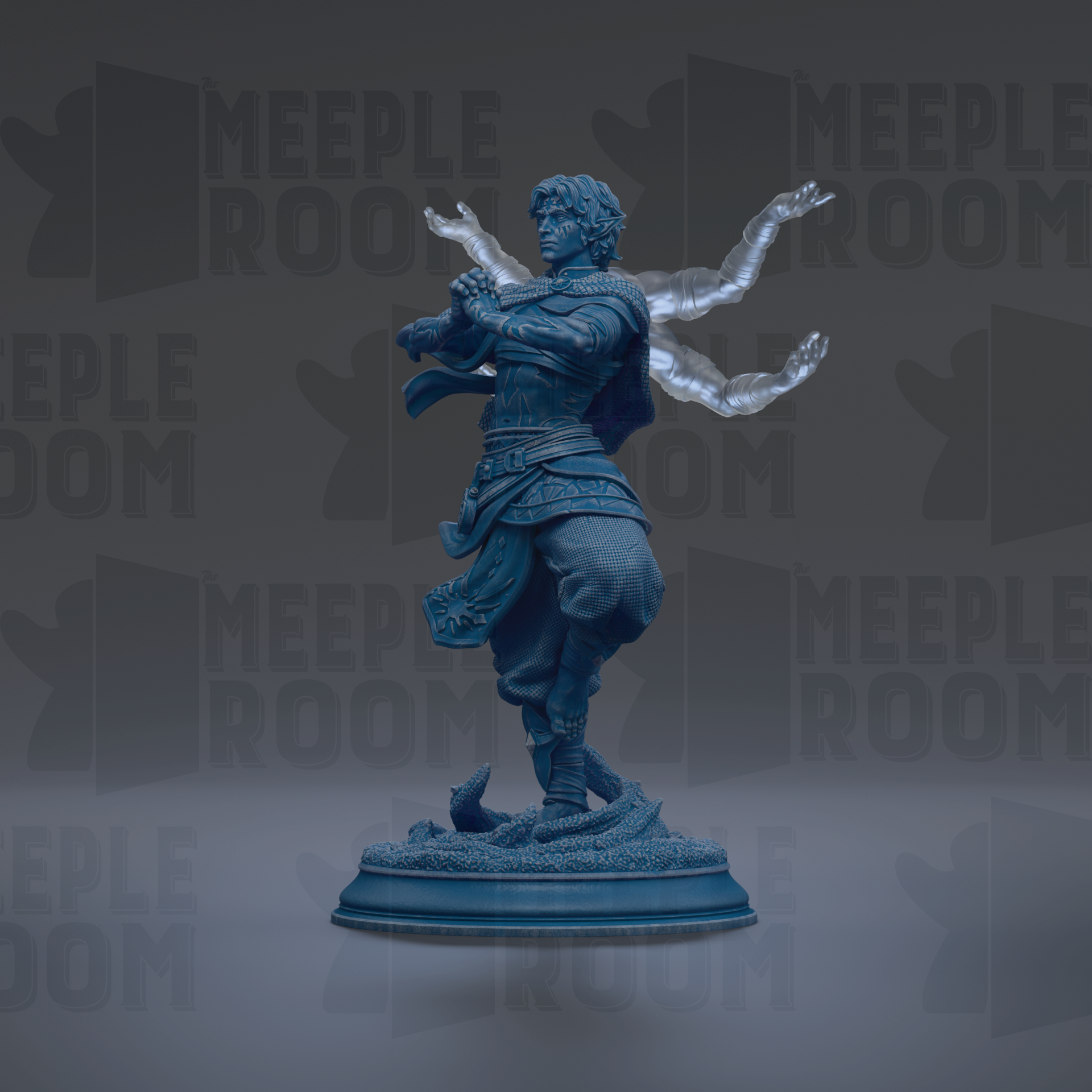 A blue statue of a figure with outstretched arms, standing on a pedestal.