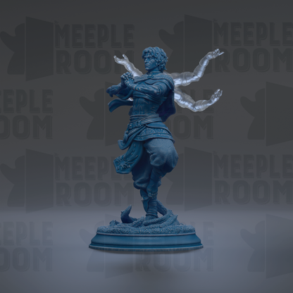 A blue statue of a figure with outstretched arms, standing on a pedestal.