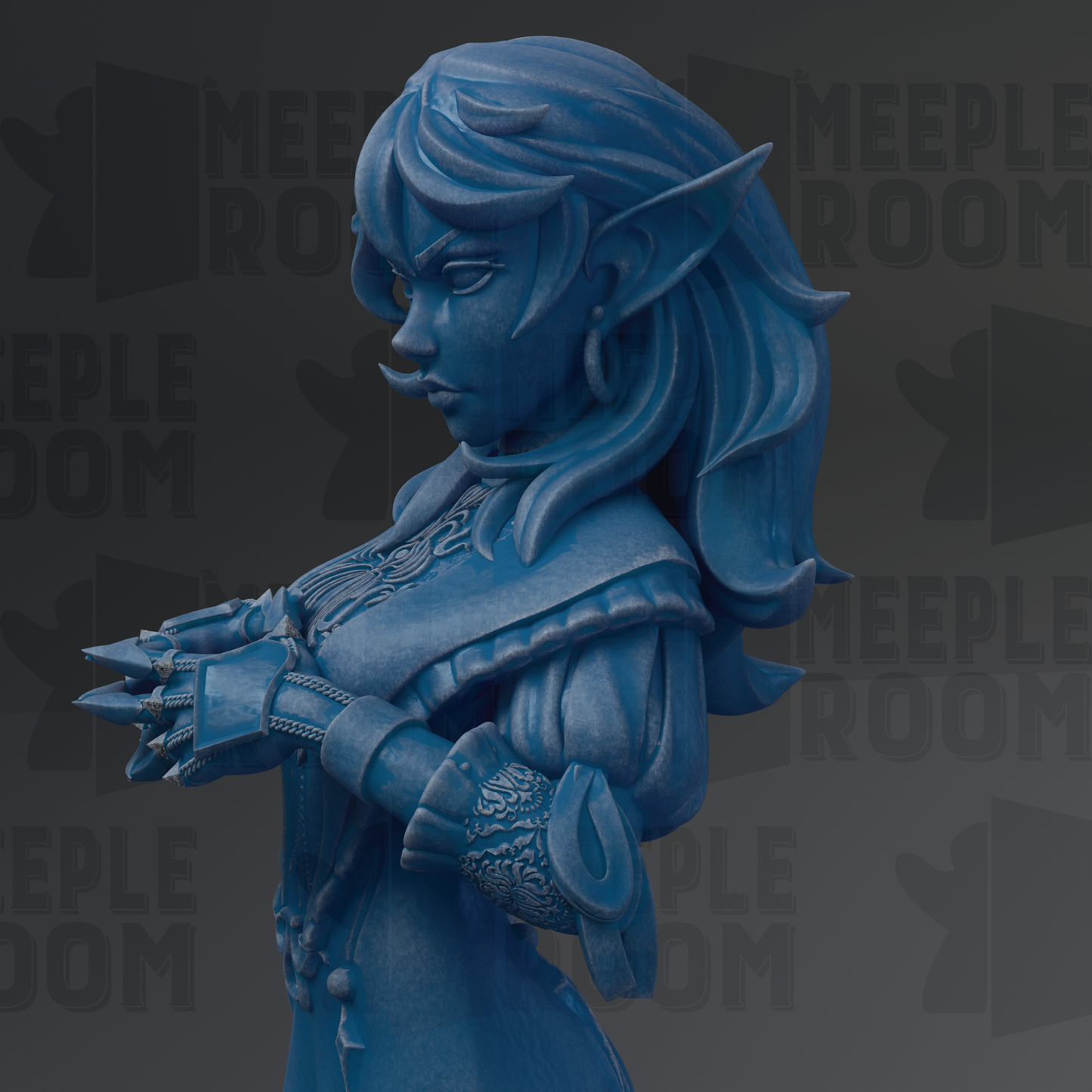 A blue statue of a female character with long hair and an intense expression, wearing a decorative outfit and holding a weapon.