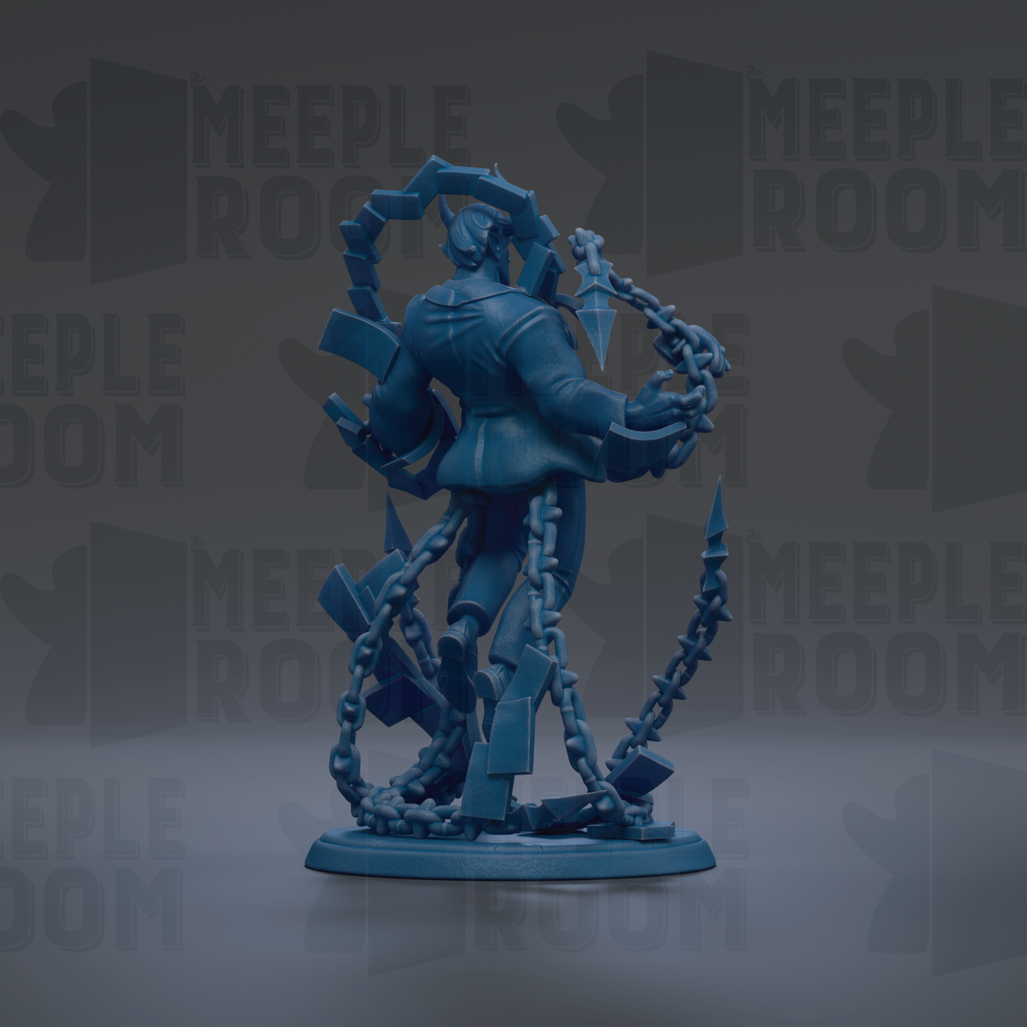 A blue, 3D-rendered character with a chain around its neck, standing on a base.