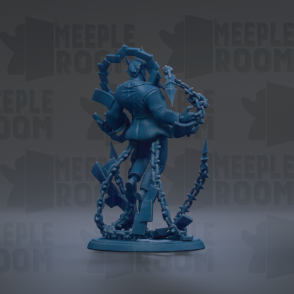 A blue, 3D-rendered character with a chain around its neck, standing on a base.