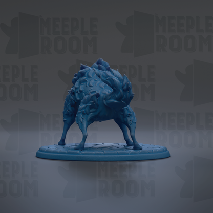 A blue, abstract sculpture resembling a creature or monster, with intricate details and flowing lines, is displayed against a dark background with repeated text.