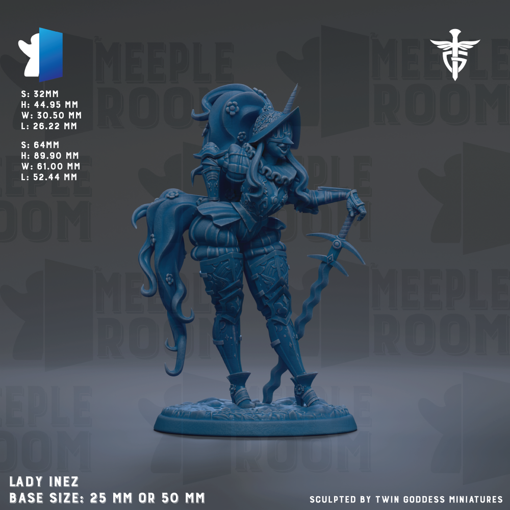 a detailed figurine of a woman in medieval armor, standing on a base and holding a sword. The figurine is in a blue color and appears to be crafted from a material that resembles metal. The base size of the figurine is 25 mm or 50 mm, depending on the perspective. The image is a collage of multiple images, and it is not a single image but a collection of images that together create a single scene.