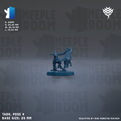 a blue figurine of a dragon-like creature, possibly a mythical or fantasy creature, posed on a base. The figurine is described as a "base size: 25mm" and is shown against a gray background with the text "MEIPLE ROOM" repeated multiple times. The image is a collage of multiple images, and the phrase "S: 0.56mm H: 0.25mm W: 0.55mm L: 0.75mm" is also visible.